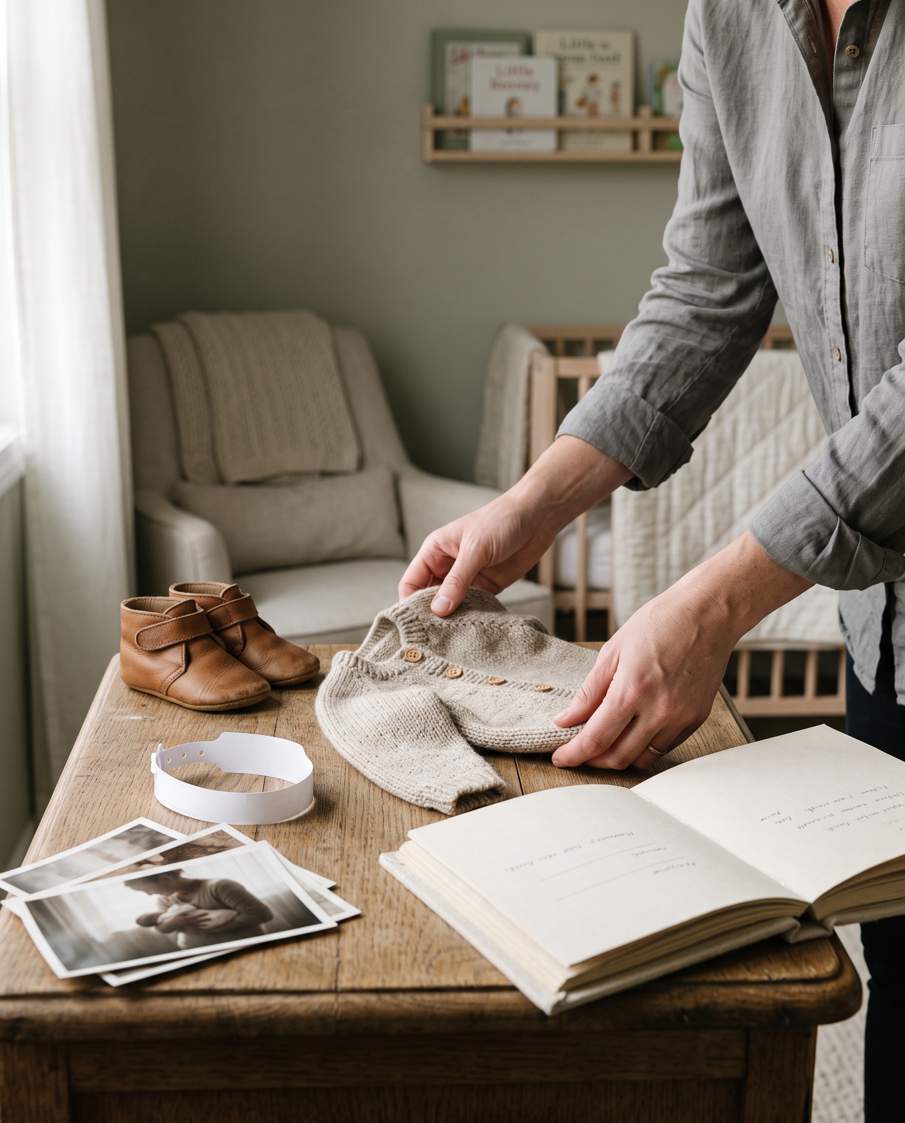 Parent arranging a baby's cardigan, first shoes and family photographs