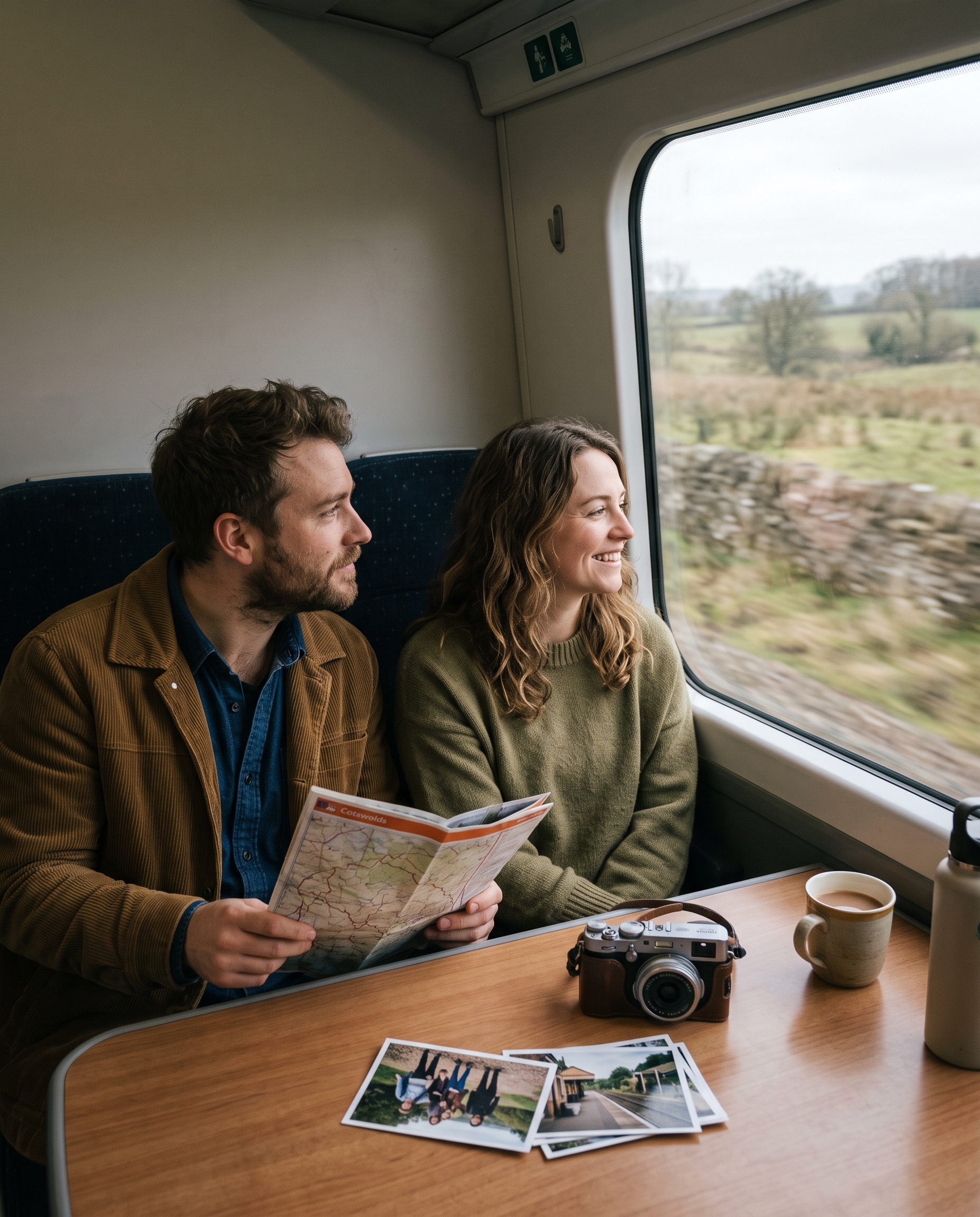Adult couple travelling by train through the British countryside
