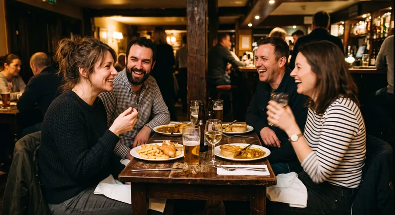 Friends laughing together over dinner in a pub