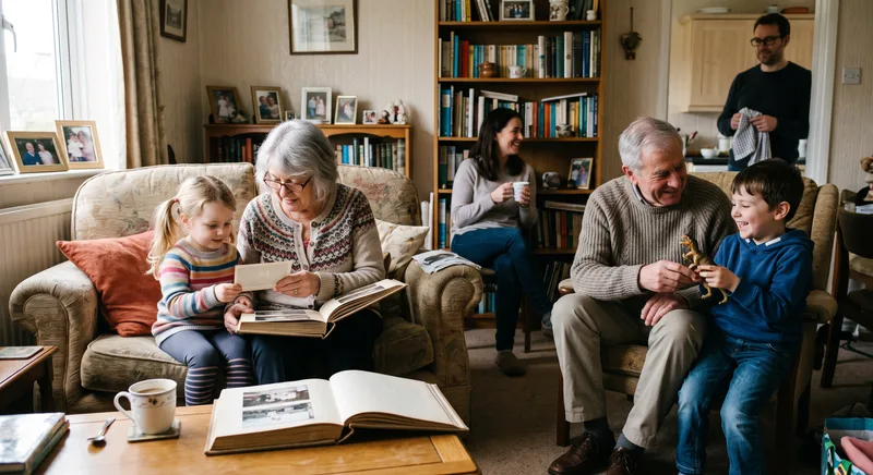 Grandparents and grandchildren sharing family photographs together